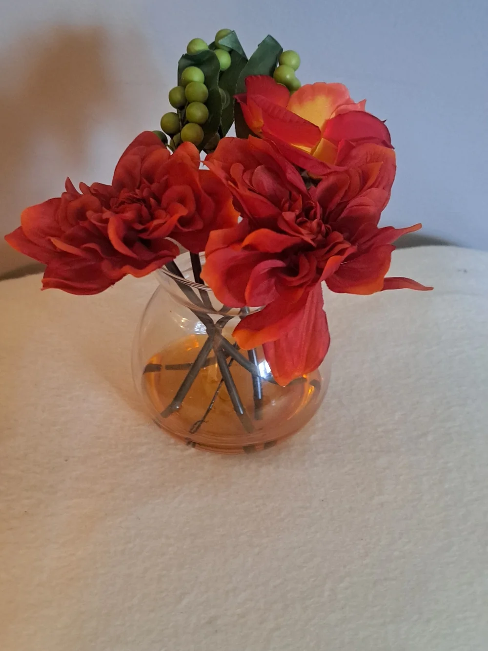 Lillian Vernon- Red Faux Floral Bouquet with Green Berry Accents
